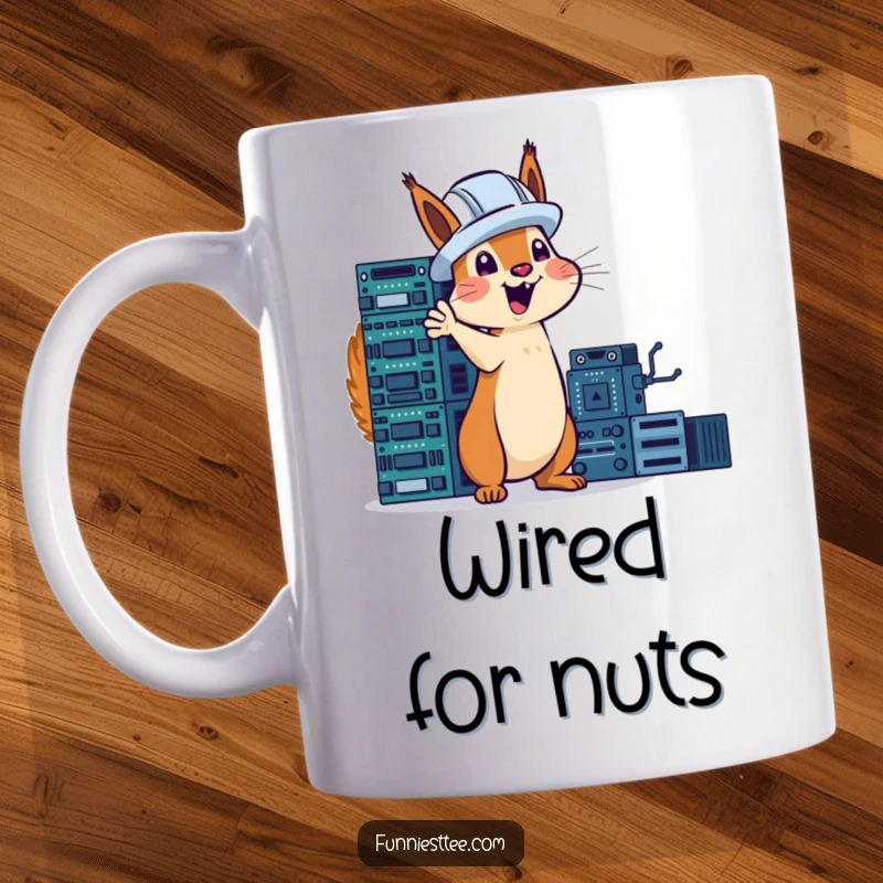Funny squirrel in a hard hat excitedly gesturing towards a tower of circuit boards, tech humor on a mug.