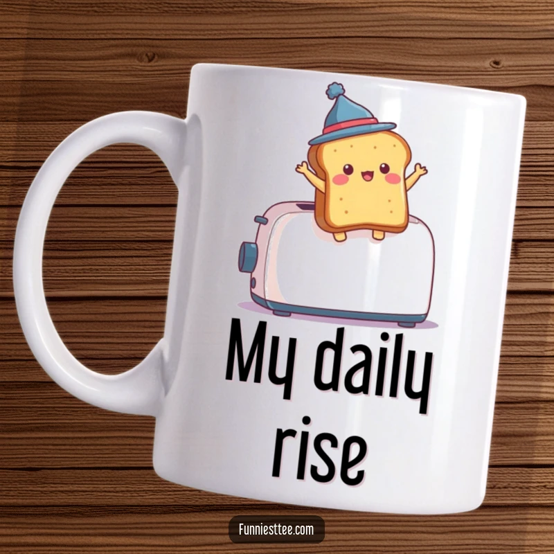 Funny Mug illustration of a piece of toast with a tiny hat dramatically leaping out of a toaster, mid-flight.