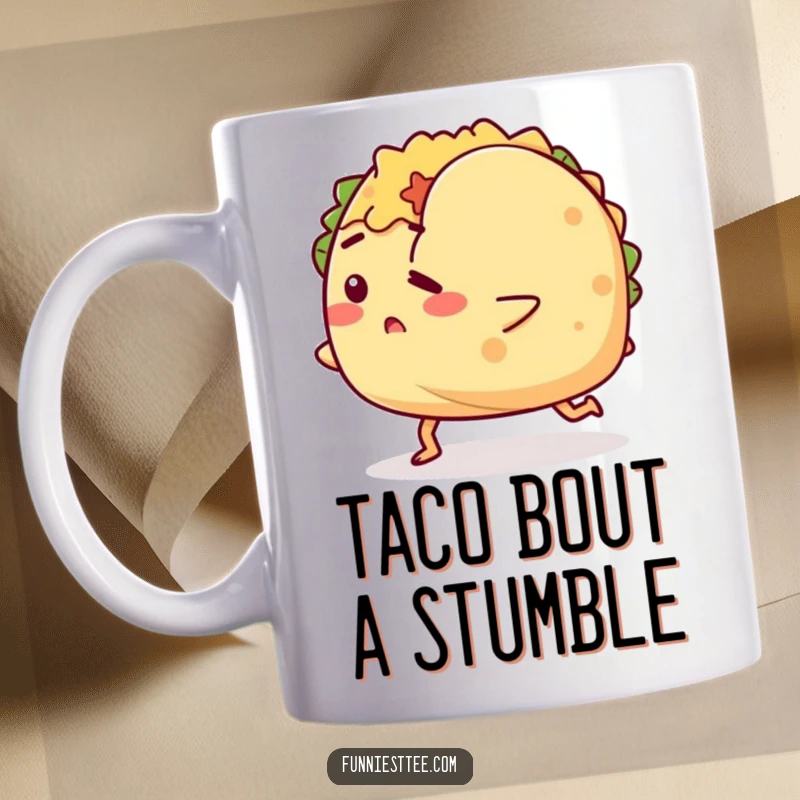 Funny mug with a determined taco character tripping over its own shell, showcasing a hilarious and relatable personality.