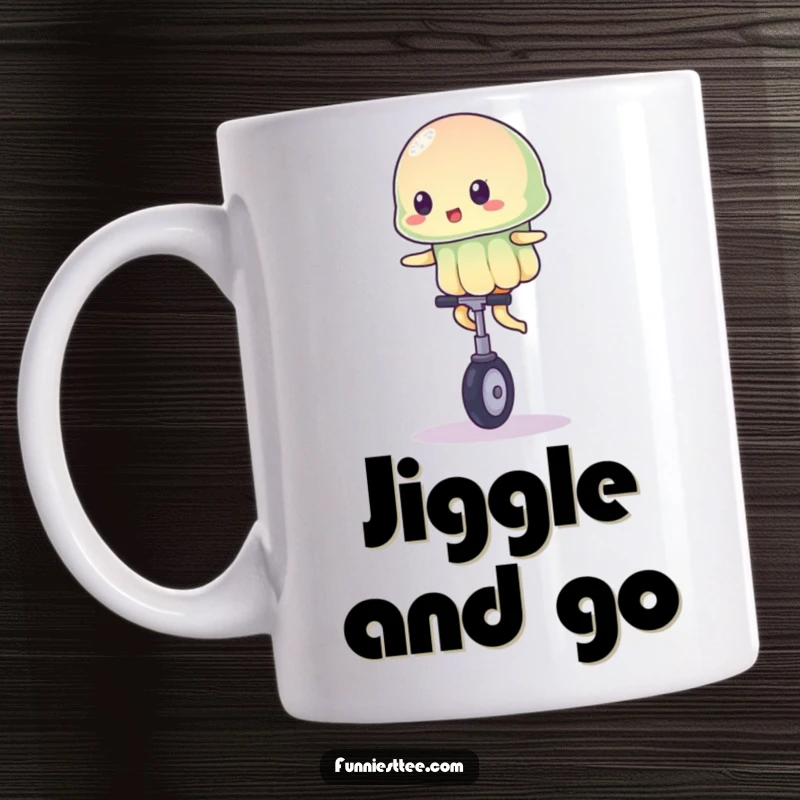 Funny mug featuring a wobbly jelly character precariously balancing on a tiny unicycle, capturing a moment of hilarious instability.
