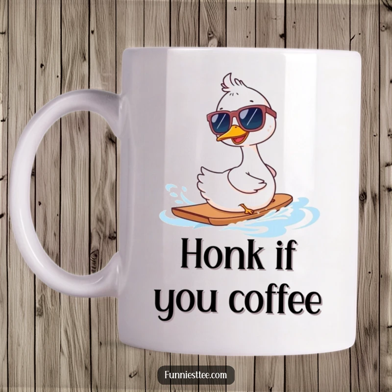 Funny goose wearing oversized sunglasses, waterskiing backwards with a determined look, depicted on a mug for a humorous outdoor vibe.