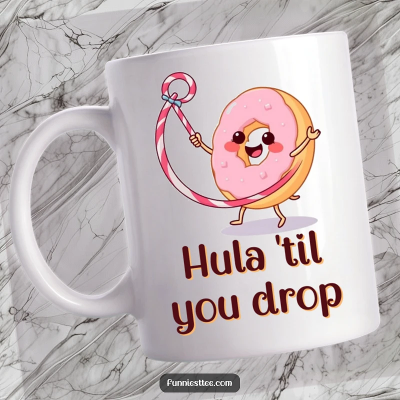 Funny mug showing a happy donut skillfully hula hooping using a licorice whip, radiating pure, unadulterated joy and silliness.