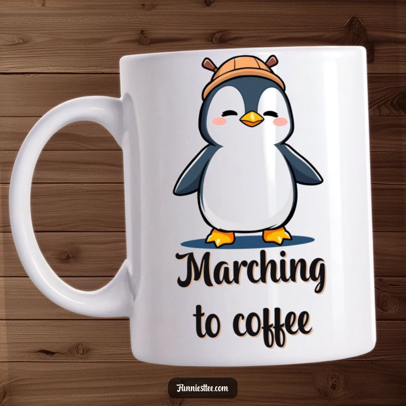 Funny mug featuring a determined penguin in a small propeller hat, marching forward with great enthusiasm.