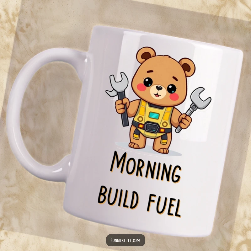 Funny Bear Builder Mug: A cheerful bear holds a wrench and proudly displays a half-built robot, a great maker gift.