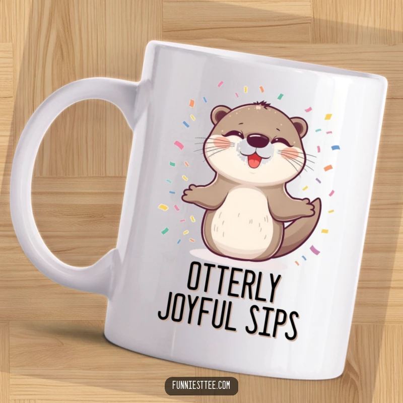 Funny mug showcasing a delighted otter with closed eyes, spinning happily in a circle of confetti, embodying pure, ecstatic joy.