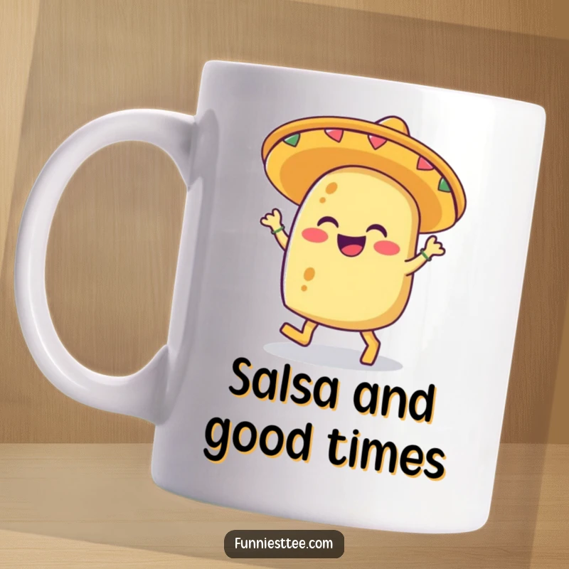 Funny mug with a joyful taco wearing a sombrero, giggling and tapping its feet with excitement.