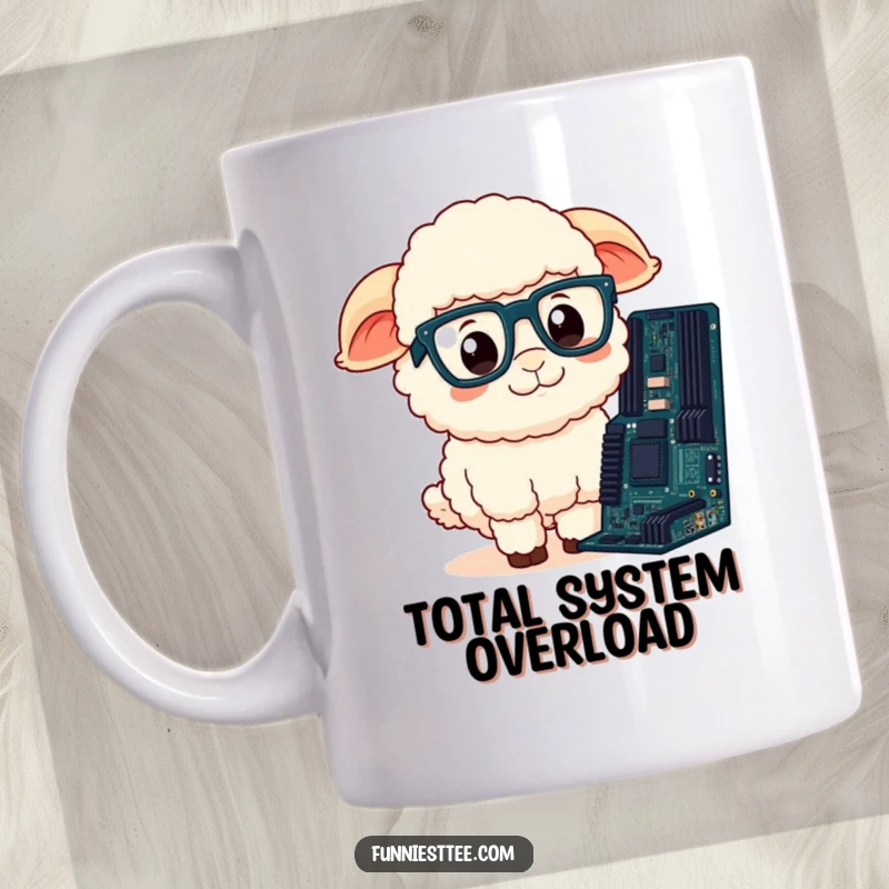 Funny Sheep Mug: A fluffy sheep wearing oversized glasses, confused by a computer motherboard, a perfect and humorous tech gift.