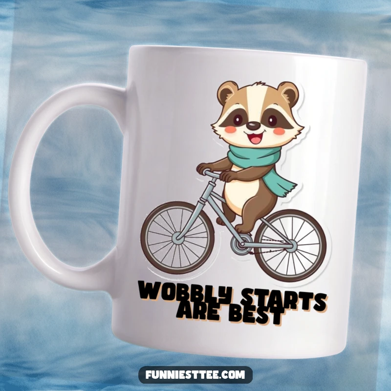 Funny badger mug with a cheerful expression, wearing a scarf and riding a bicycle with oversized, wobbly wheels.