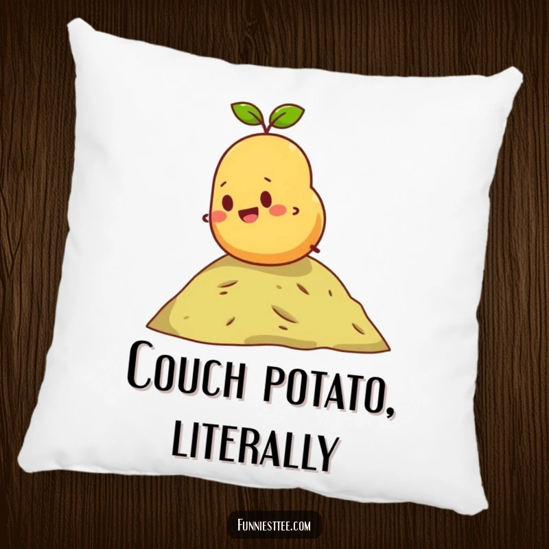 Funny pillow featuring a content potato rolling down a small hill, offering comfort and a dose of silliness for a cozy, cheerful vibe.