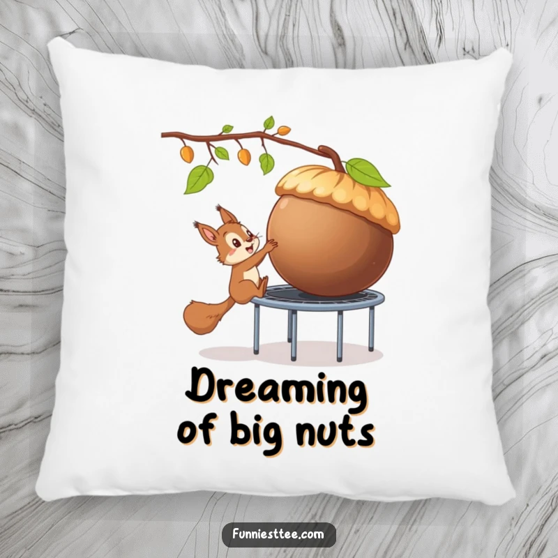 Funny pillow featuring a squirrel executing a trampoline-assisted acorn heist, a plush embodiment of playful mischief and ambition.