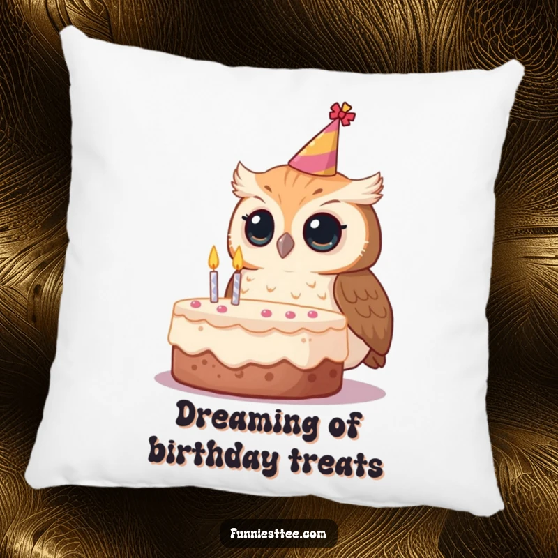 Funny owl party hat pillow, a curious owl looking at a birthday cake, soft and whimsical.
