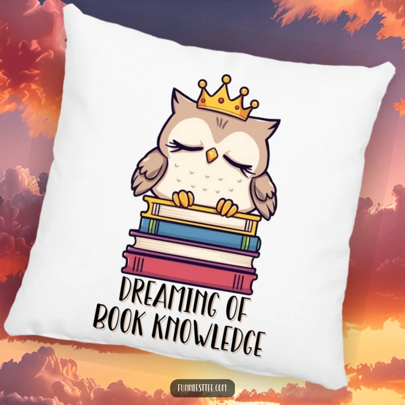 Funny sleepy owl pillow featuring a crowned owl dozing on books, a soft and humorous decorative accent for a studious and relaxing space.
