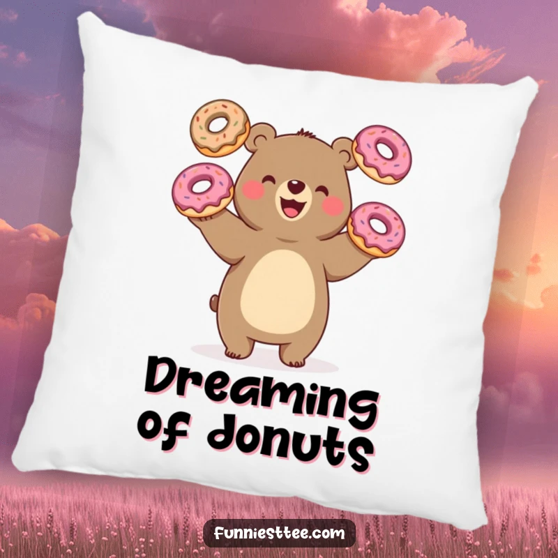 Funny bear juggling donuts, oversized treats, plush pillow, soft and humorous, great home decor, excellent gift.