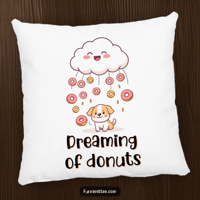 Funny pillow showcasing a smiling cloud showering donuts onto a bewildered dog, offering comfort and a dose of delightful, unexpected humor.