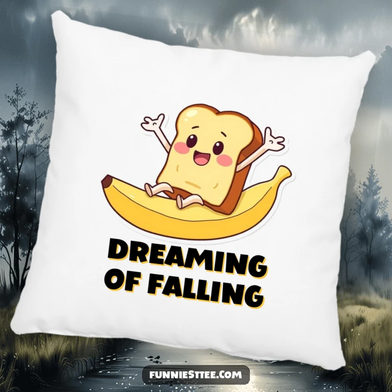 Funny pillow showcasing a slice of toast with flailing arms sliding down a banana peel.