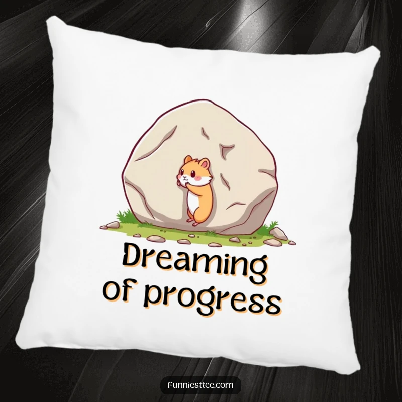 Funny pillow design showing a small hamster heroically pushing a giant boulder, perfect for a humorous and cozy accent.