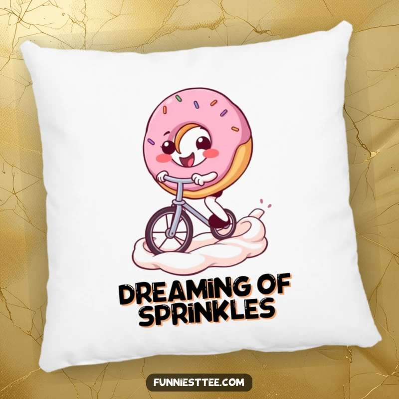 Funny donut pillow with a cheerful donut character balancing on a unicycle across a frosting swirl, offering plush comfort and a funny visual.