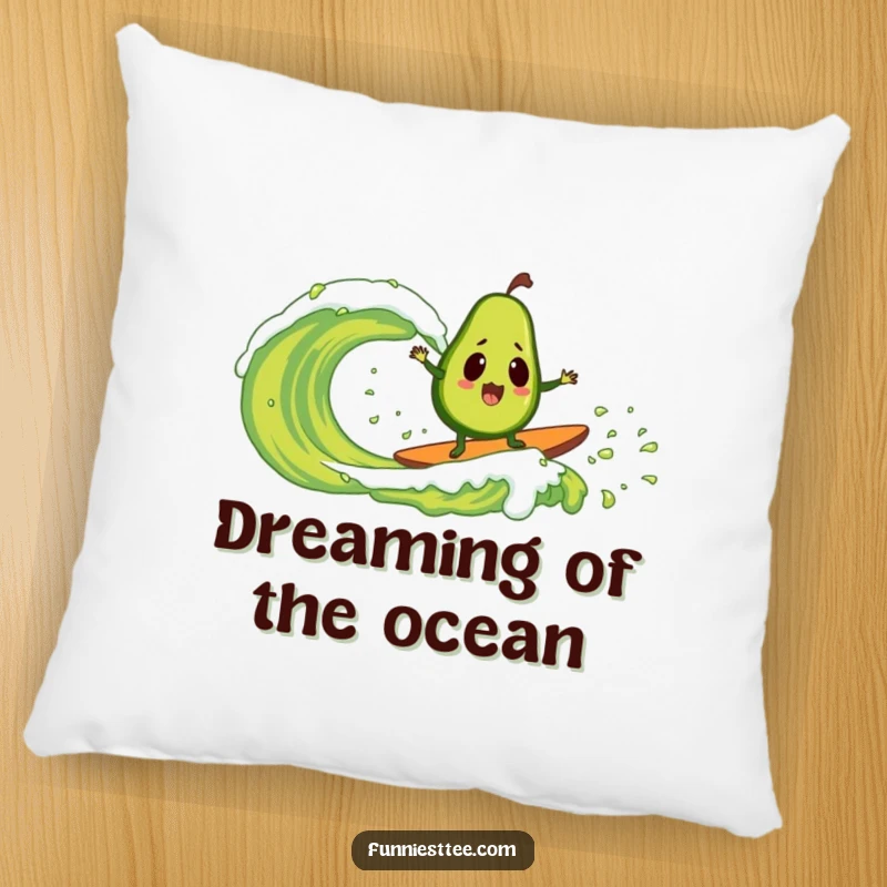 Funny pillow featuring a surprised avocado conquering a huge guacamole wave, a plush representation of comical surf triumph.