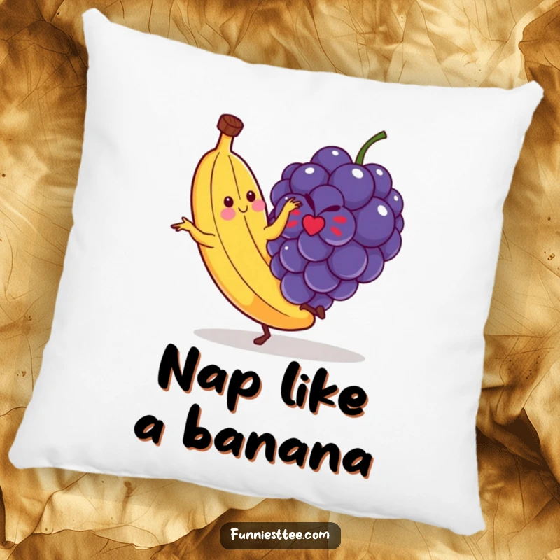 Funny pillow showcasing a cartoon banana comically falling after slipping on a single, rogue grape, a soft touch of hilarious slapstick.