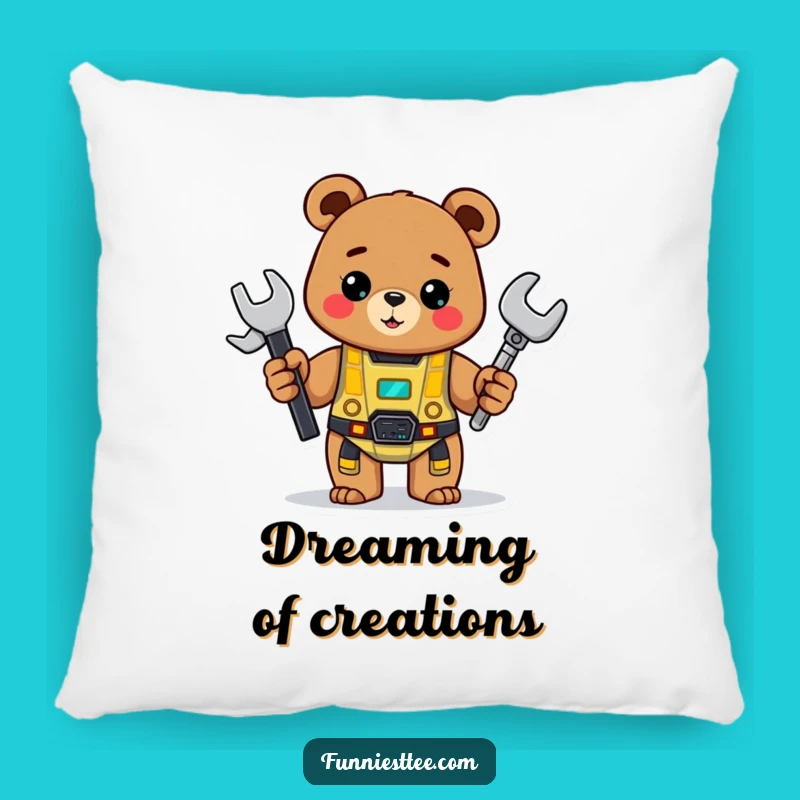 Funny Bear Pillow: Cheerful Bear Builder, Cozy Maker Accent