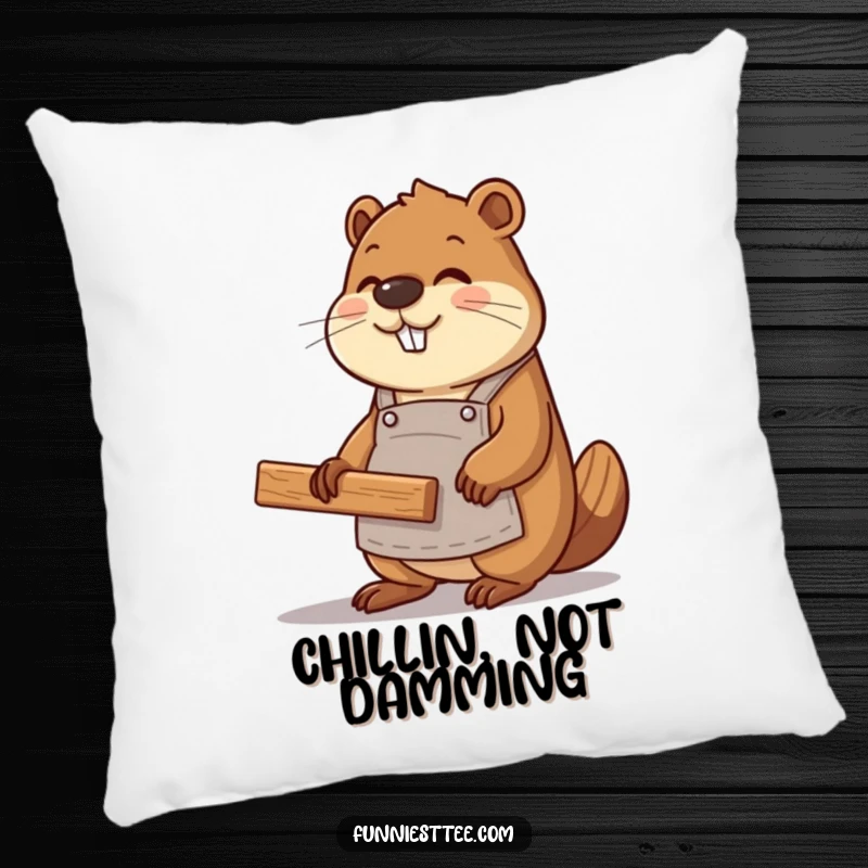 Funny beaver coder wearing an apron, constructing a website with wood planks, soft and plush pillow accent.