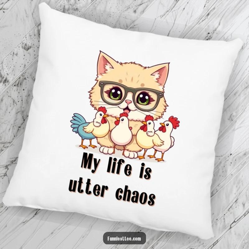Funny pillow with a fluffy cat wearing oversized glasses, comically attempting to juggle three rubber chickens, adding a humorous touch to any couch.
