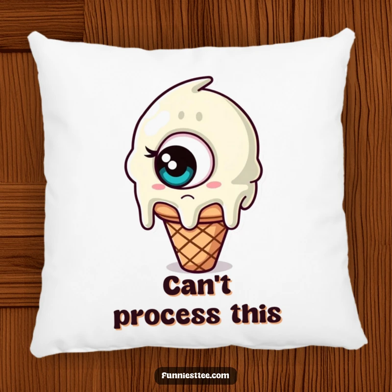 Funny pillow featuring a melting ice cream cone with a single, giant, confused eye, a soft and whimsical addition to any room.