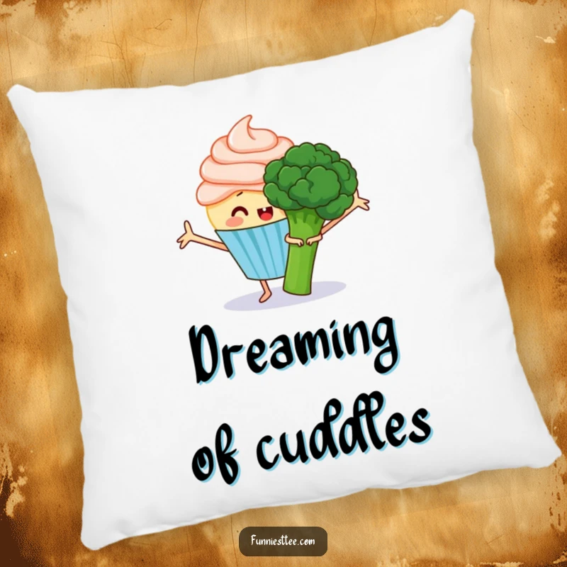 Funny pillow featuring a happy cupcake with frosting arms outstretched, trying to hug a grumpy broccoli, a soft and humorous decor item.