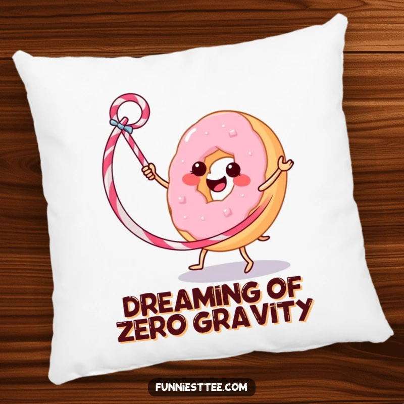Funny pillow featuring a smiling donut hula hooping with a licorice whip, offering comfort and a touch of playful decor.