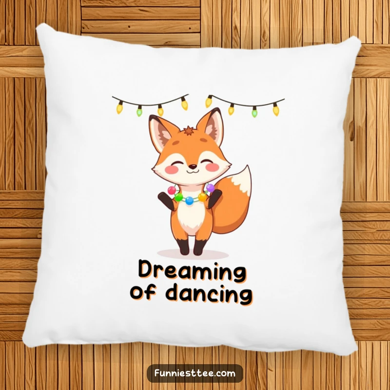 Funny pillow featuring a giggling fox in a garland dancing under festive lights, bringing cozy cheer and playful energy to any space.