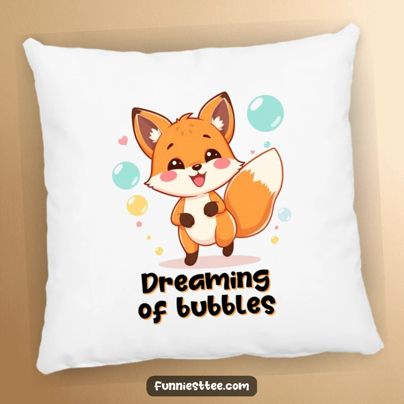 Funny pillow featuring a happy, energetic fox with a wagging tail, chasing floating bubbles at a party.