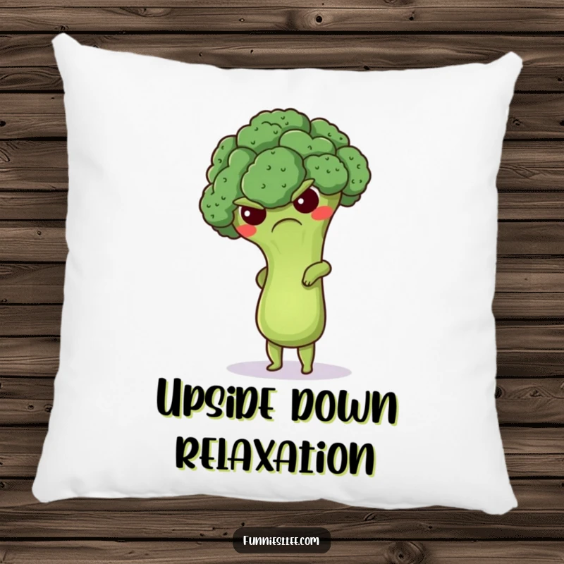 Funny grumpy broccoli pillow featuring a cute floret attempting a handstand, a soft and humorous decorative accent for fitness enthusiasts.