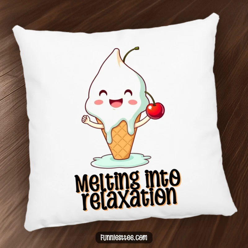 Funny ice cream pillow depicting a smiling, melting cone attempting a high-five with a cherry, a soft and humorous decorative accent.