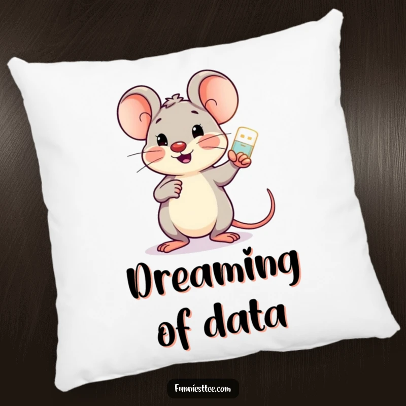 Funny cheerful mouse holding a glowing USB drive, pointing encouragingly at a screen, soft and comforting pillow.