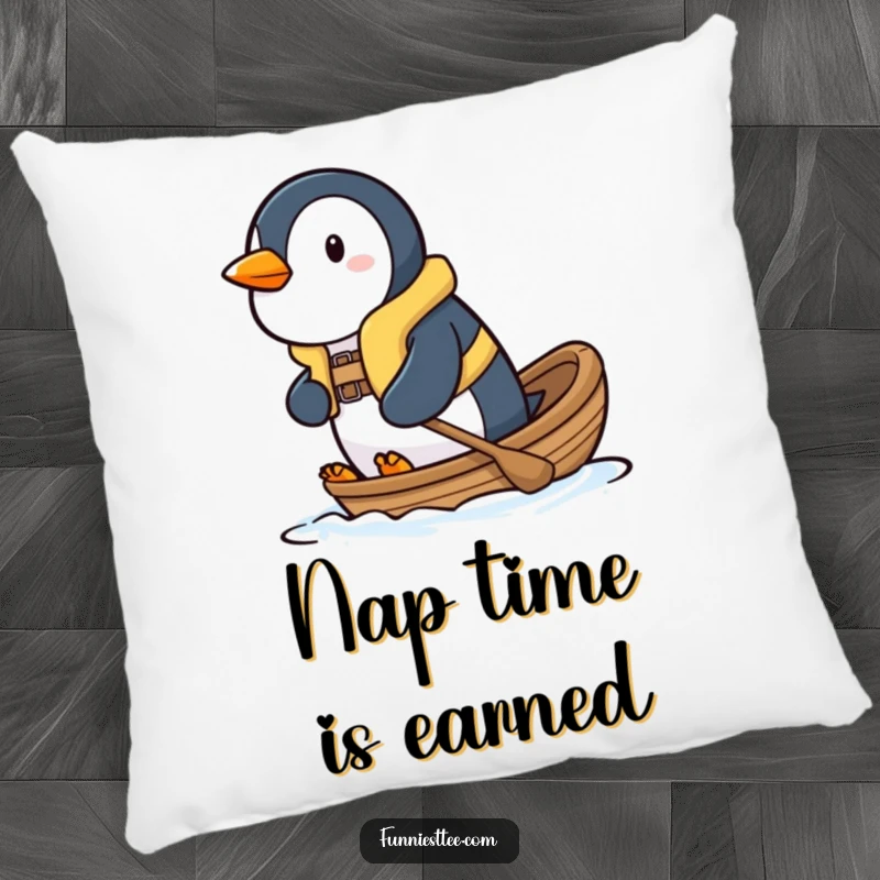 Funny penguin pillow with a determined penguin wearing a life vest, paddling a small boat, soft and comforting.