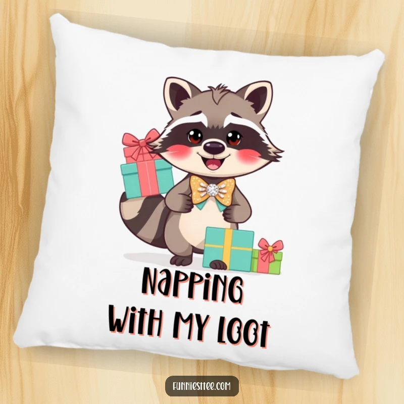 Funny raccoon bow tie pillow, a smiling raccoon balancing gifts, soft and dapper.