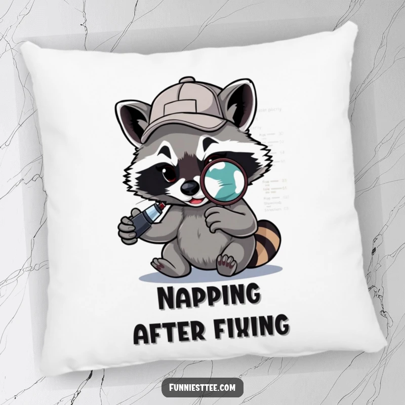 Funny Raccoon Pillow: A determined raccoon wearing a backward cap uses a magnifying glass to debug code, a soft decorative item.