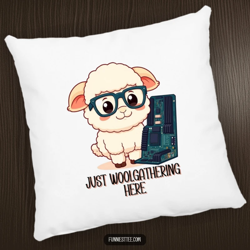 Funny Sheep Pillow: A fluffy sheep with glasses looks confused at a computer motherboard, a soft and humorous decor item.