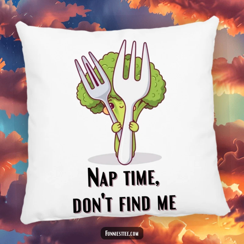 Funny pillow showcasing a shy broccoli character hiding behind a large fork and spoon, offering a soft and humorous decorative touch.