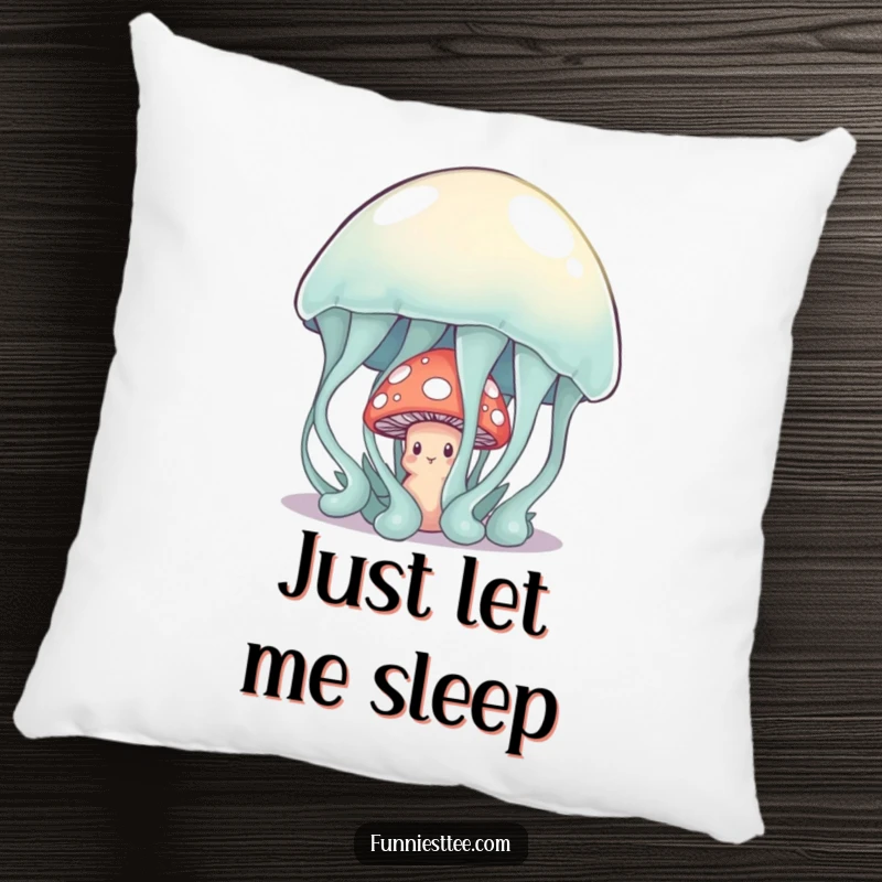Funny shy mushroom peeking from behind a giant, wobbly jelly on a pillow, a soft and comical decorative item.