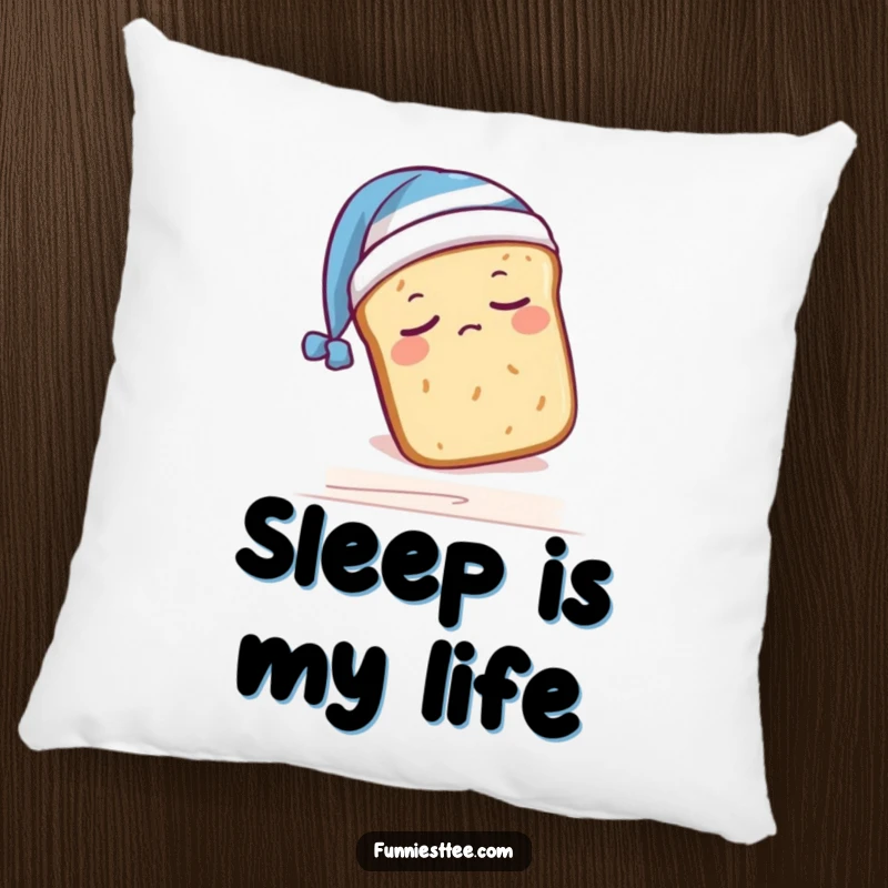 Funny pillow featuring a sleepy bread loaf in a nightcap, humorously falling off a shelf, a soft and comfortable humorous item.