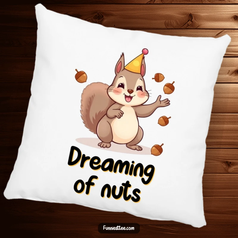 Funny pillow featuring a happy squirrel in a party hat, energetically juggling acorns, bringing a sense of festive fun and playful energy home.