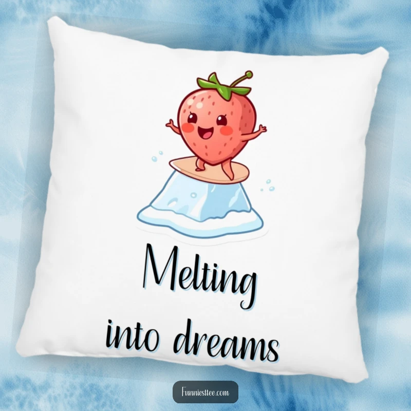 Funny Strawberry Surf Pillow: A cheerful strawberry surfs on a melting ice cube, a soft and funny decorative item.