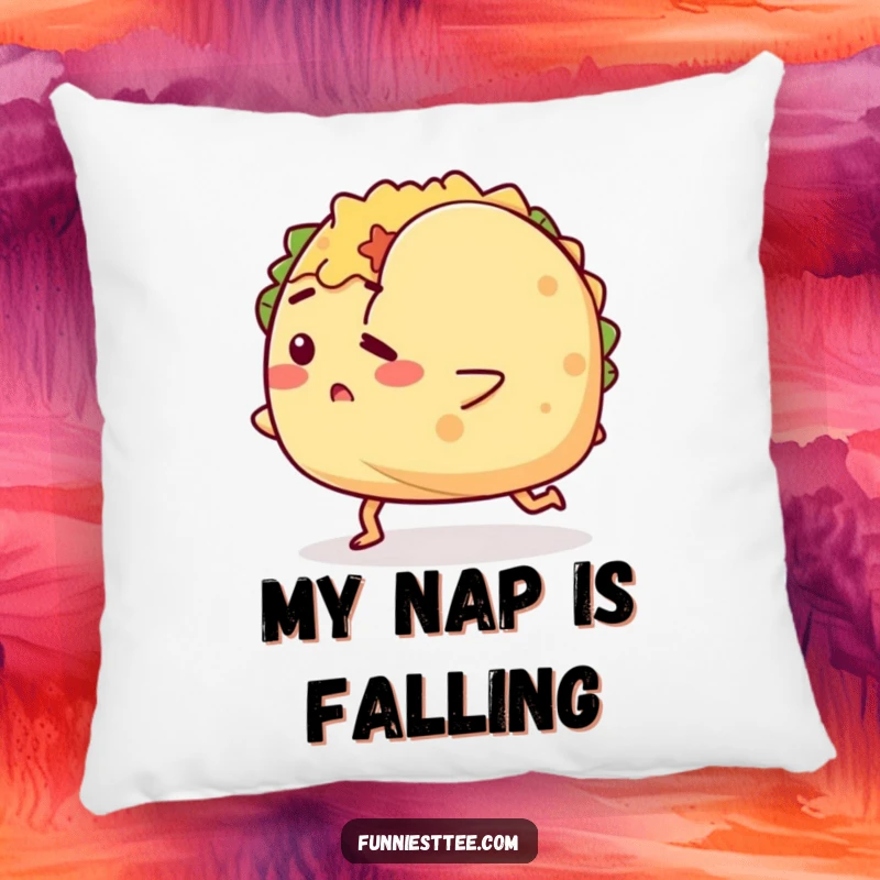 Funny pillow featuring a determined taco character tripping over its shell, offering a soft, comfortable, and humorous decorative touch.