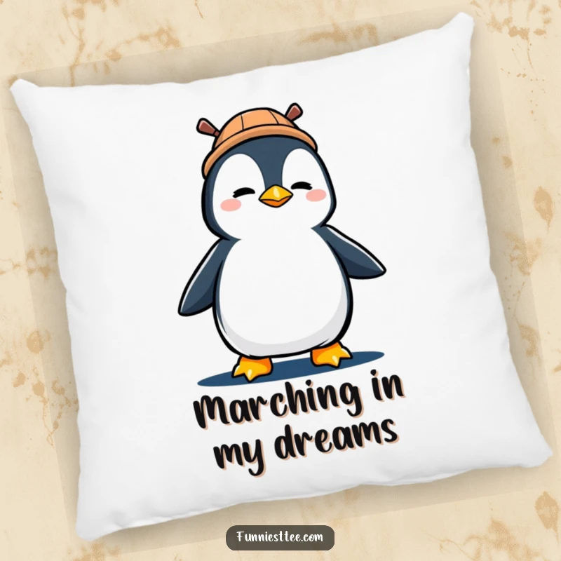 Funny pillow depicting a determined penguin wearing a propeller hat, marching with great enthusiasm.