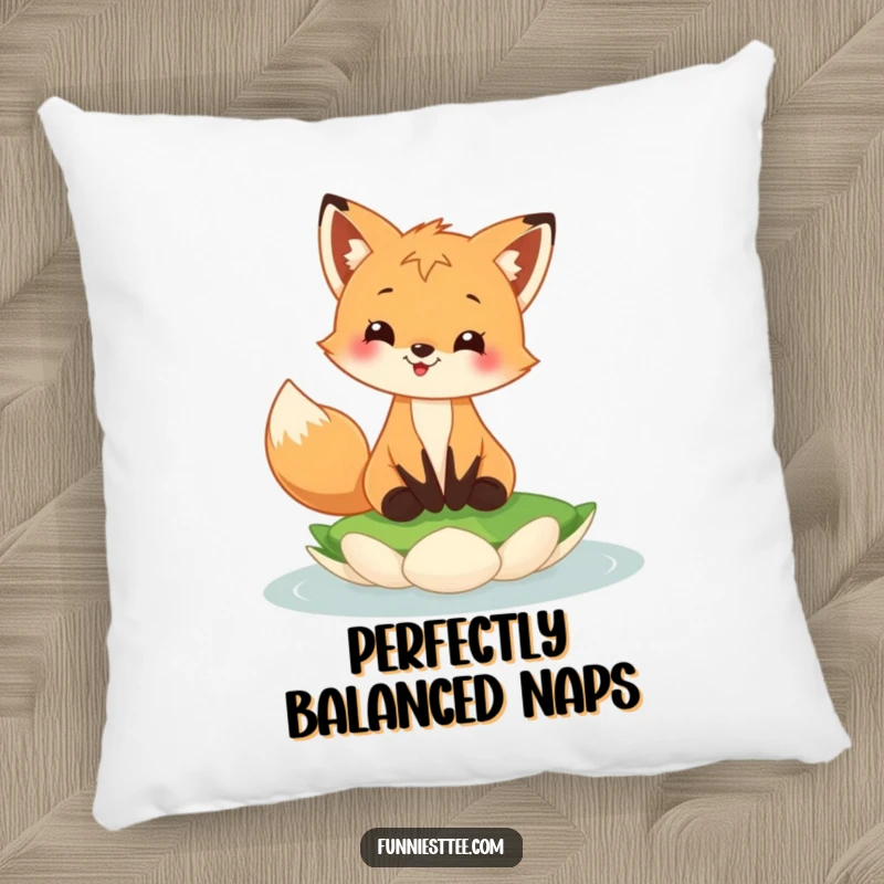 Funny fox cub pillow with a happy fox cub grinning, balancing on a floating lily pad, soft and decorative.