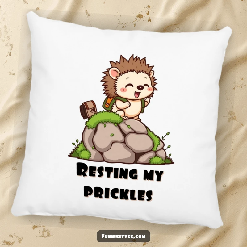 Funny pillow with a tiny hedgehog wearing a backpack, climbing a mossy rock, offering soft comfort.