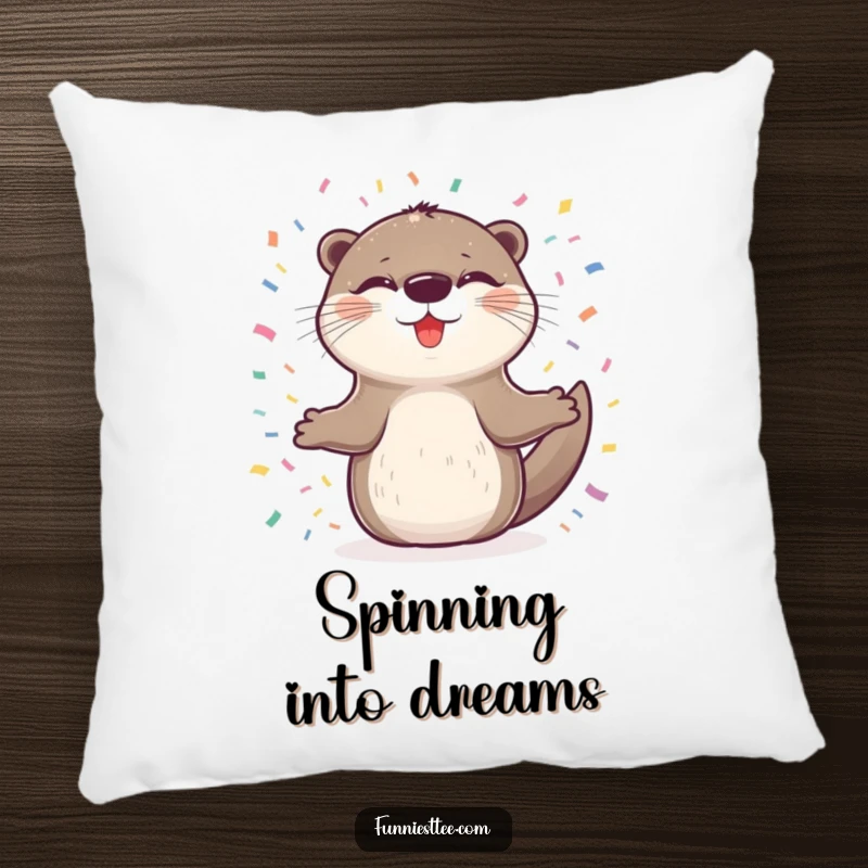 Funny pillow featuring a delighted otter with closed eyes, spinning happily in a circle of confetti, bringing cozy joy and playful vibes.