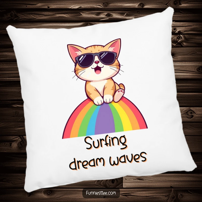 Funny cat wearing sunglasses, sliding down rainbow, plush pillow, soft and humorous, great home decor, excellent gift.