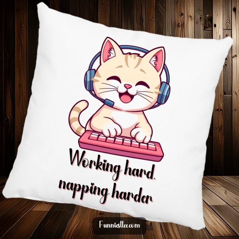Funny Cat Pillow: A happy cat wearing a headset types rapidly on a keyboard, a soft and humorous decorative item.